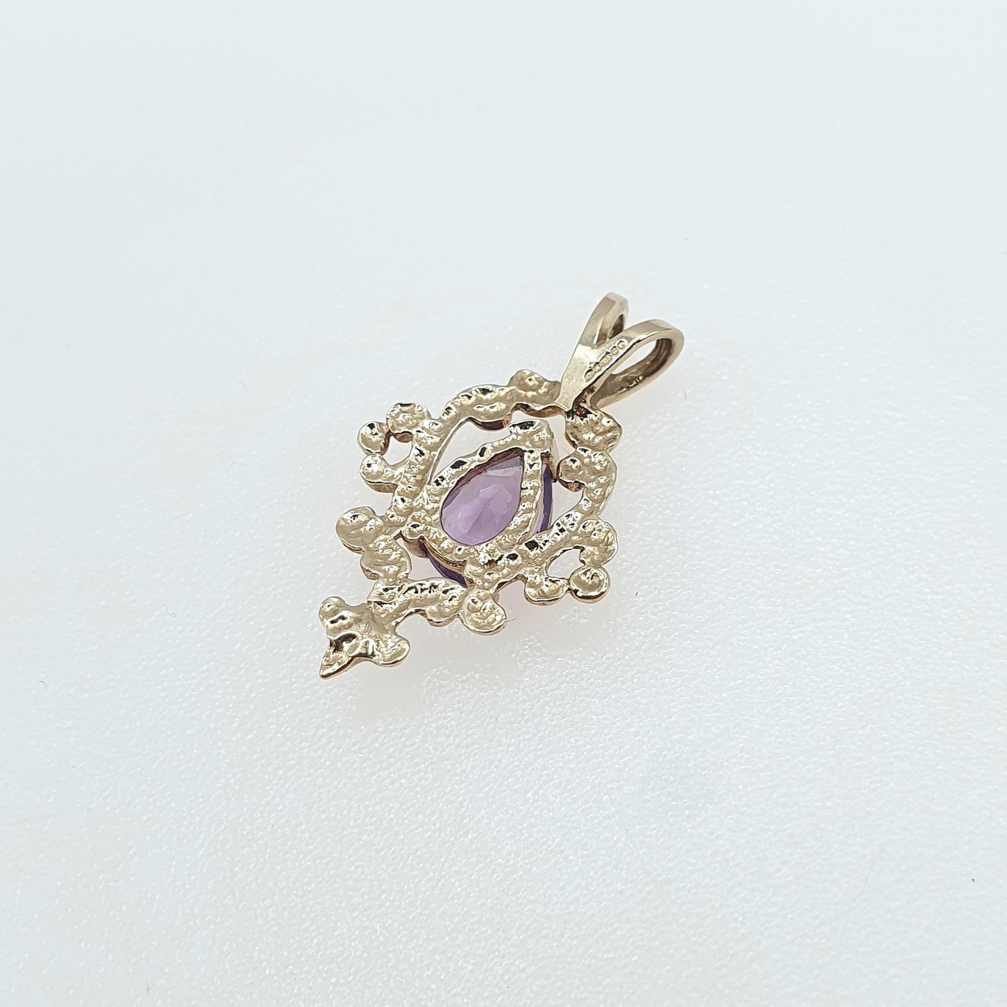 Vintage 9ct Gold Amethyst Pendant Art Nouveau Scroll Style Pear Cut Necklace Womens Jewellery Jewelry Lilac