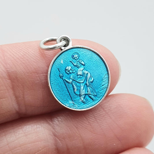 Vintage GEORG JENSEN Sterling Silver Enamel St Christopher Pendant Charm Small Round Sky Blue Womens Mens Jewellery Jewelry