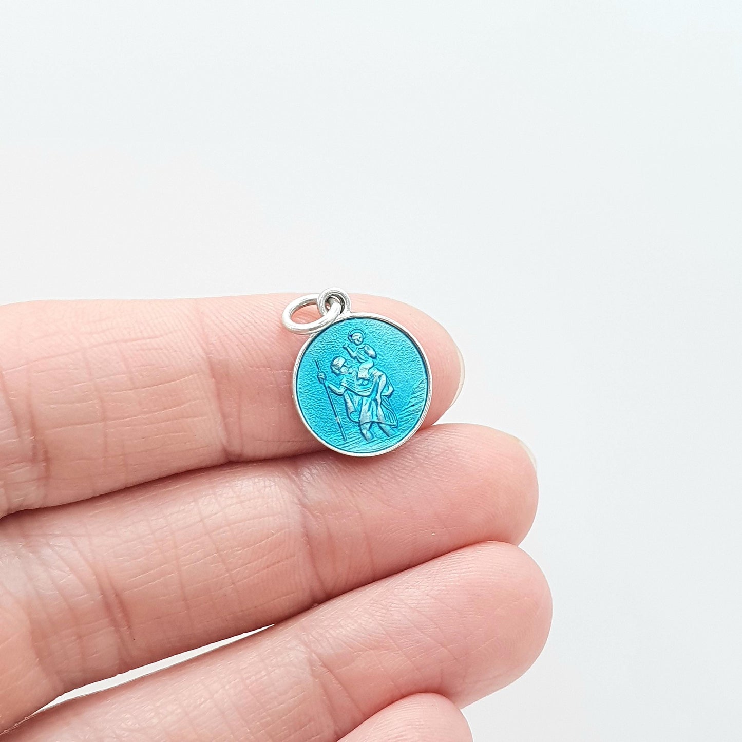 Vintage GEORG JENSEN Sterling Silver Enamel St Christopher Pendant Charm Small Round Sky Blue Womens Mens Jewellery Jewelry