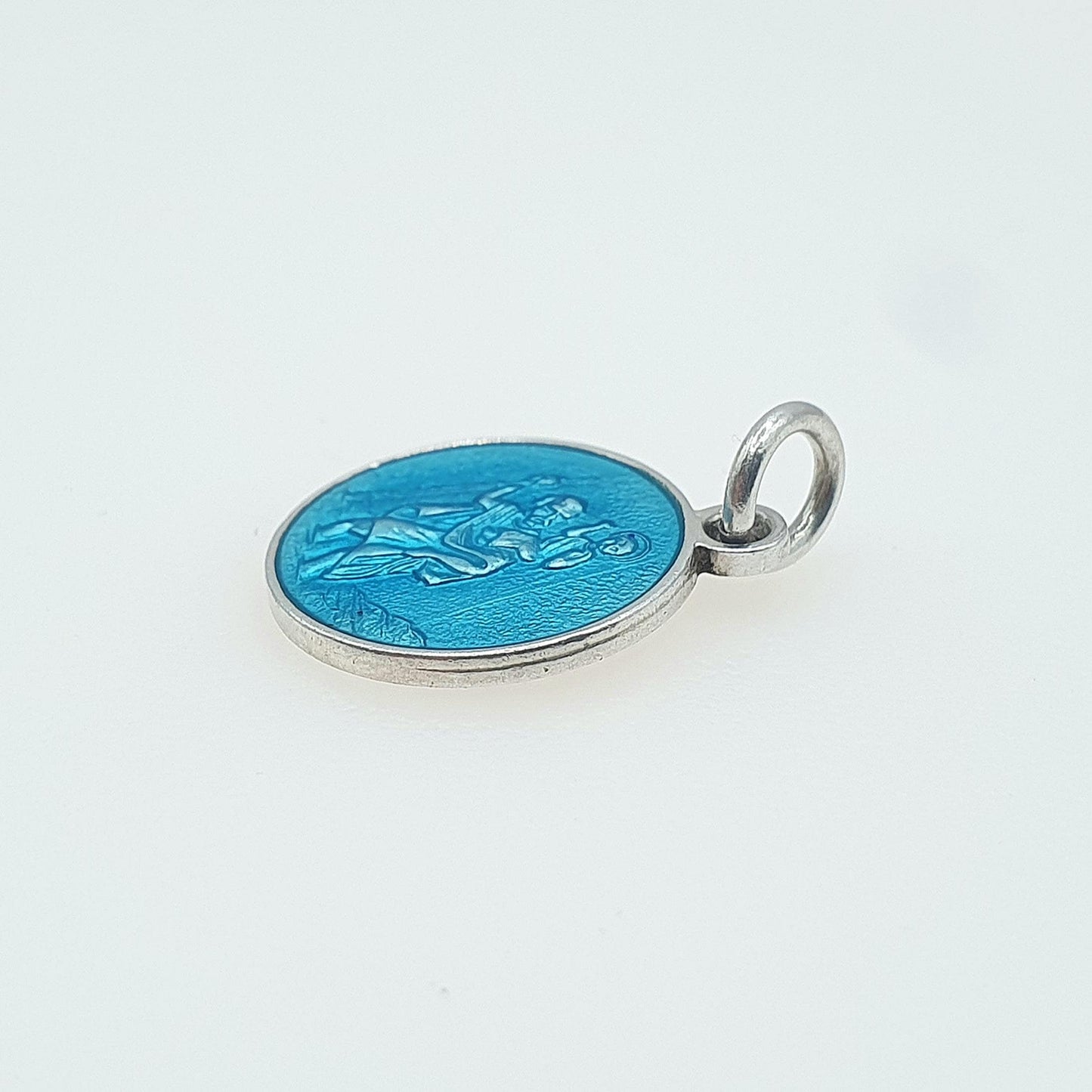 Vintage GEORG JENSEN Sterling Silver Enamel St Christopher Pendant Charm Small Round Sky Blue Womens Mens Jewellery Jewelry