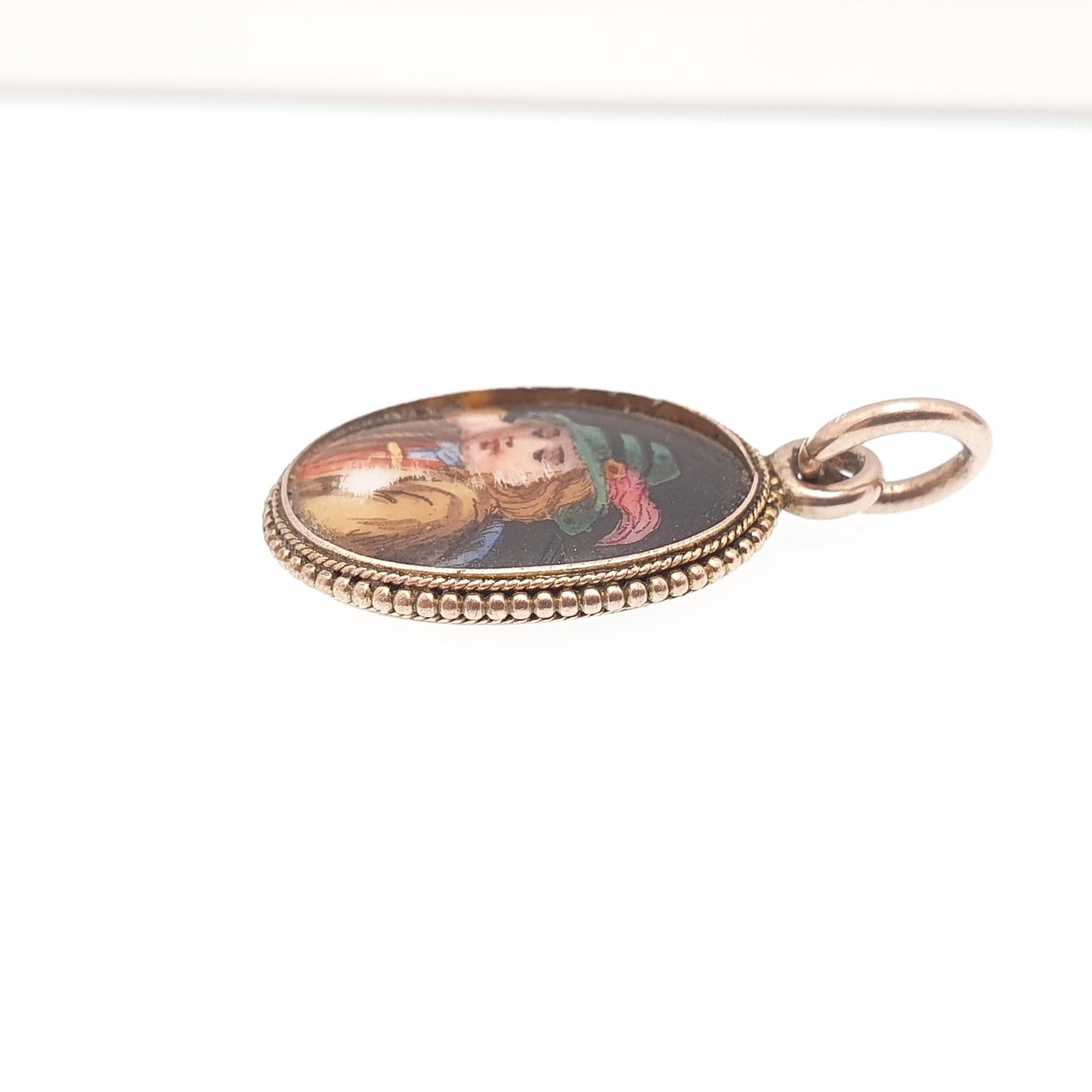 Antique Victorian 9ct Gold Portrait Pedant Necklace Hand Painted Green Hat Solid 9k 9kt 1800s Vintage