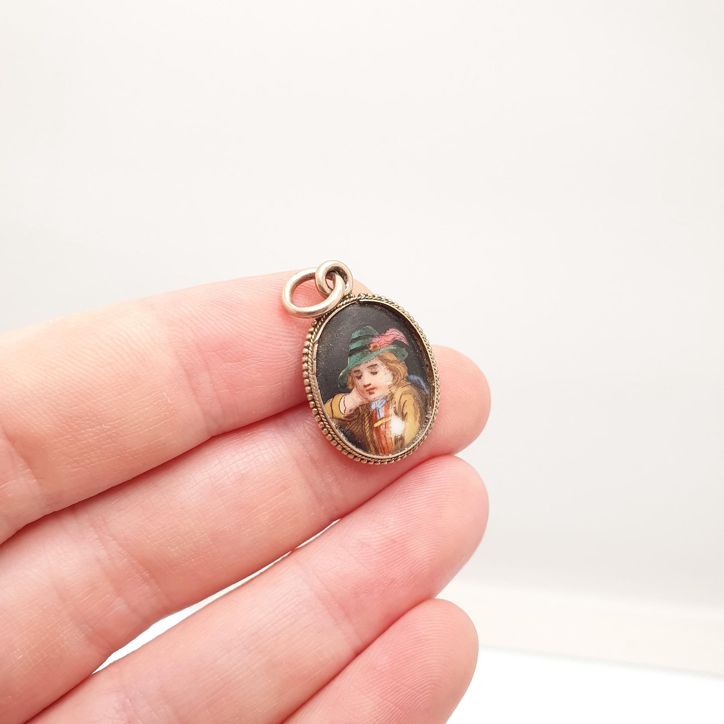 Antique Victorian 9ct Gold Portrait Pedant Necklace Hand Painted Green Hat Solid 9k 9kt 1800s Vintage