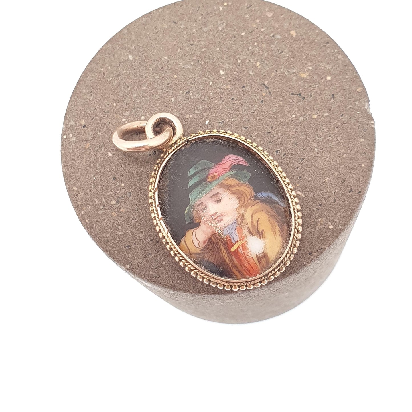 Antique Victorian 9ct Gold Portrait Pedant Necklace Hand Painted Green Hat Solid 9k 9kt 1800s Vintage