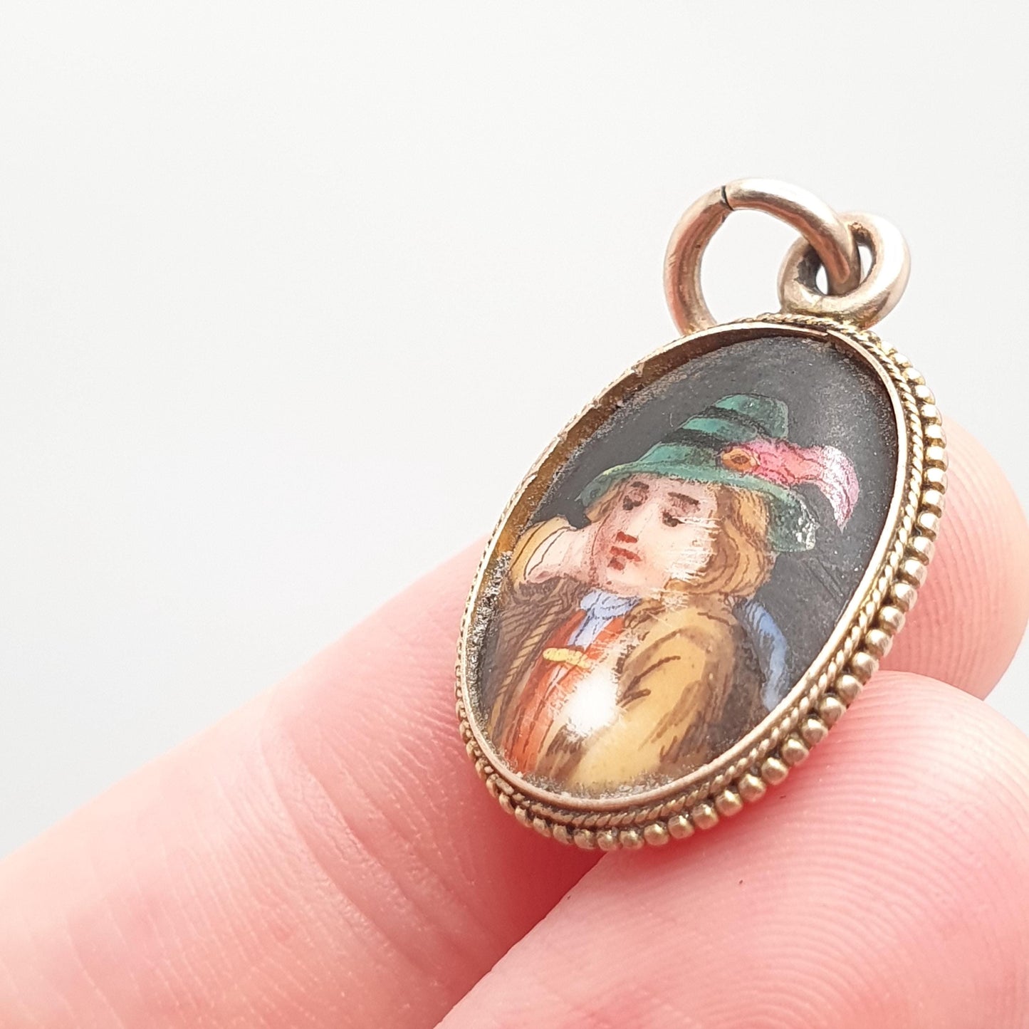 Antique Victorian 9ct Gold Portrait Pedant Necklace Hand Painted Green Hat Solid 9k 9kt 1800s Vintage