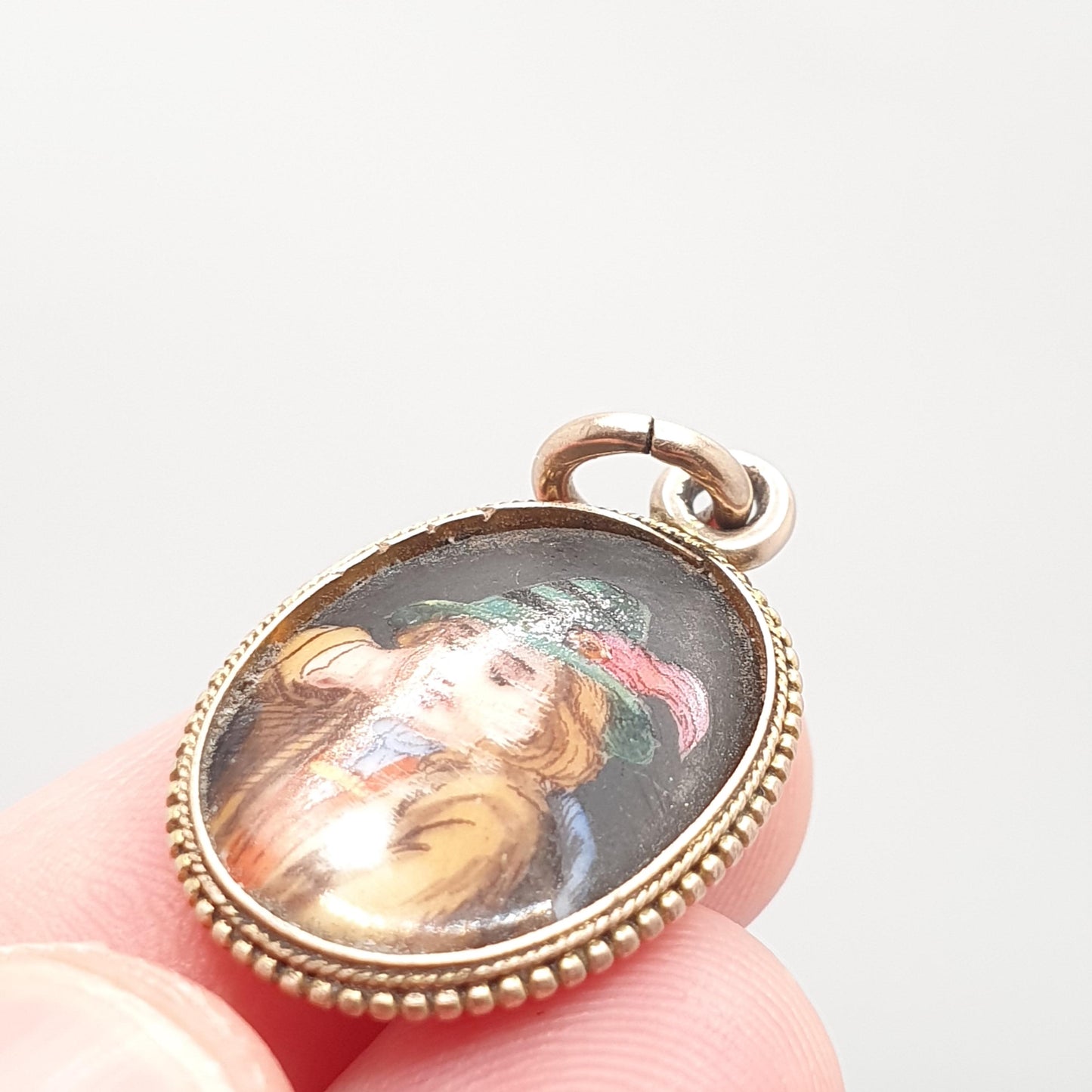 Antique Victorian 9ct Gold Portrait Pedant Necklace Hand Painted Green Hat Solid 9k 9kt 1800s Vintage