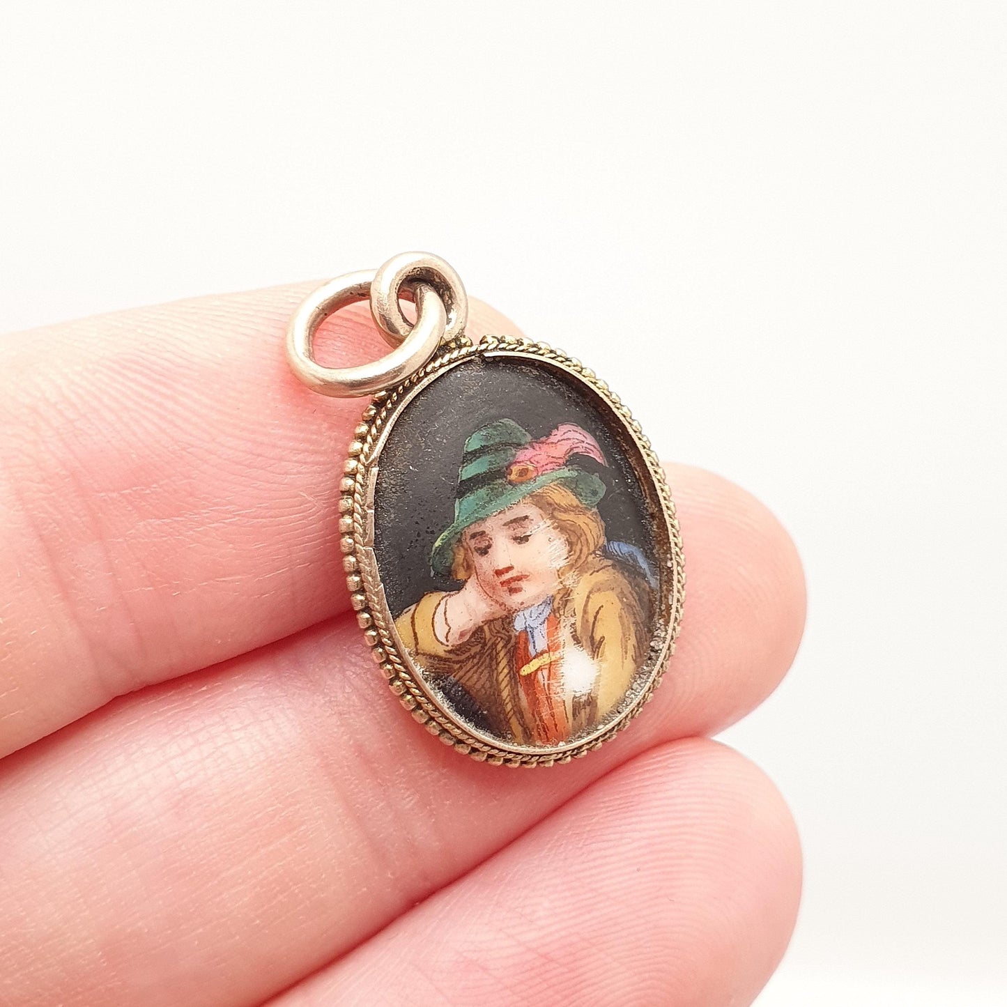 Antique Victorian 9ct Gold Portrait Pedant Necklace Hand Painted Green Hat Solid 9k 9kt 1800s Vintage