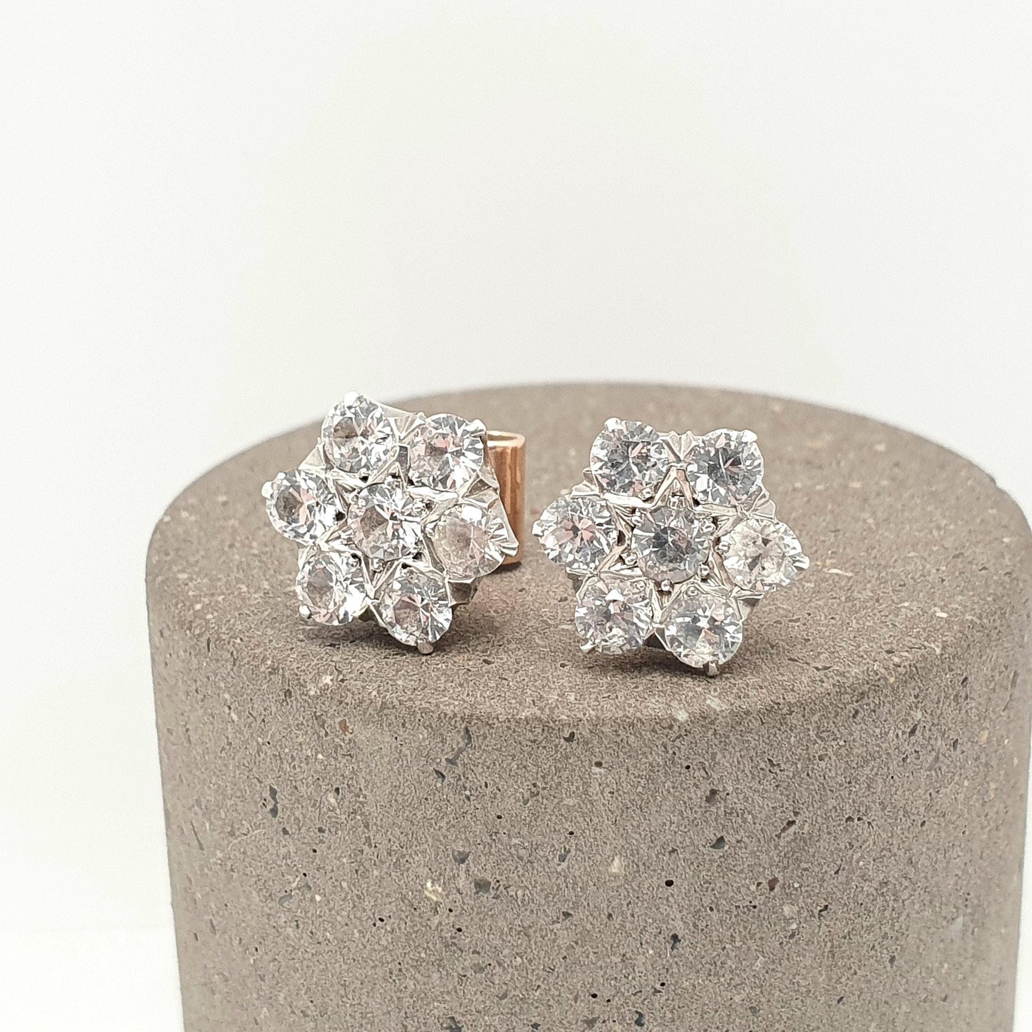 Antique Victorian 9k 9ct Gold White Sapphire Earrings Star Cluster Solid Silver Set Vintage Jewelry Jewellery