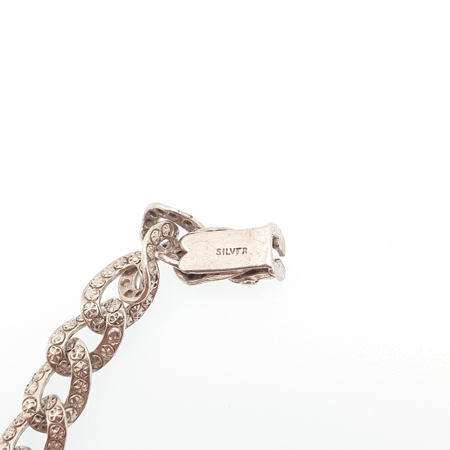 Antique Victorian Solid Silver Patterned Curb Link Bracelet Pastry Cutter Chain 10.23g 21cm Womens Mens Vintage