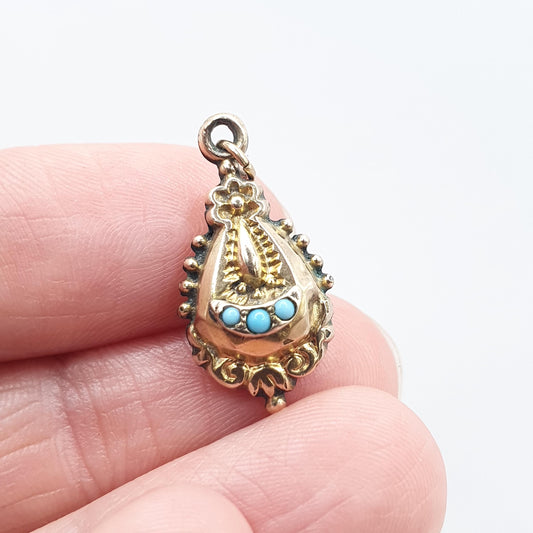 Antique Victorian 9ct Gold Cased Turquoise Glass Pendant Necklace Teardrop Etruscan Revival Vintage Jewelry Jewellery