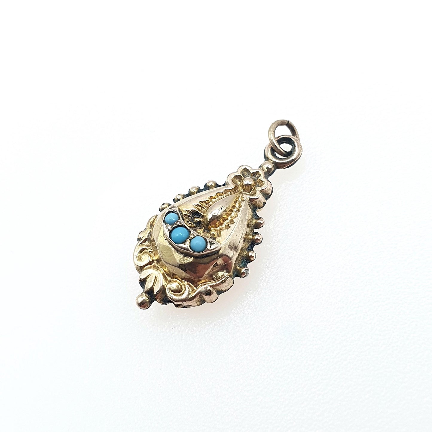 Antique Victorian 9ct Gold Cased Turquoise Glass Pendant Necklace Teardrop Etruscan Revival Vintage Jewelry Jewellery