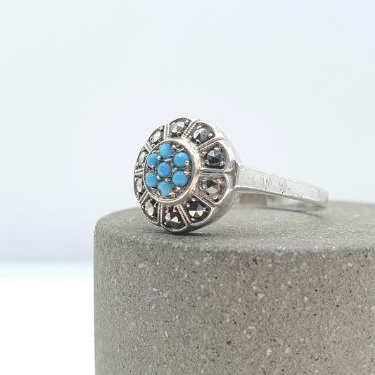 Antique Art Deco Solid Silver Turquoise Glass & Marcasite Ring Cluster Vintage Womens Jewellery Jewelry Mens Unisex UK N.5 US 6.75
