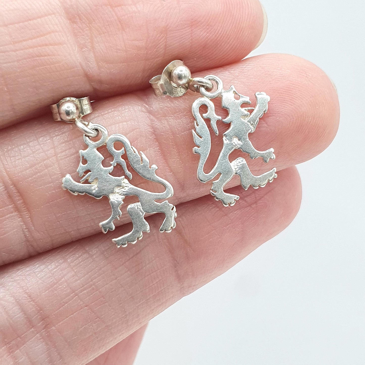 Vintage OLA M GORIE Sterling Silver Rampant Lion Earrings OMG Scottish Hanging Stud Womens Jewelry Jewellery