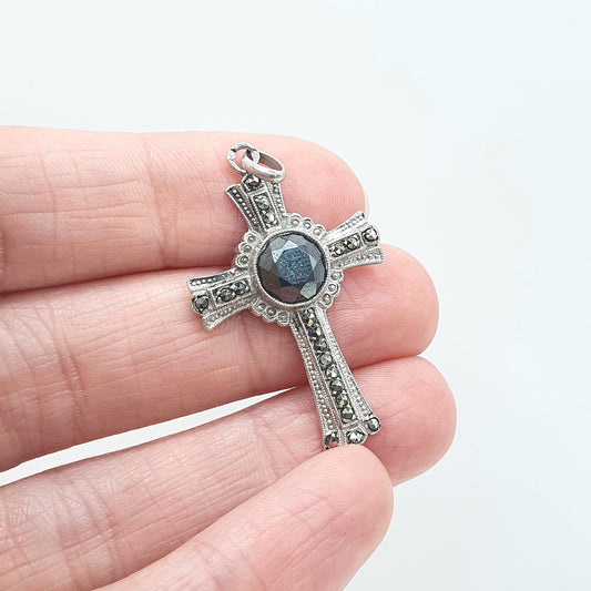 Antique Solid Silver Hematite & Marcasite Crucifix Cross Pendant French Art Deco 1920s Jewelry Vintage Jewellery Mens Womens