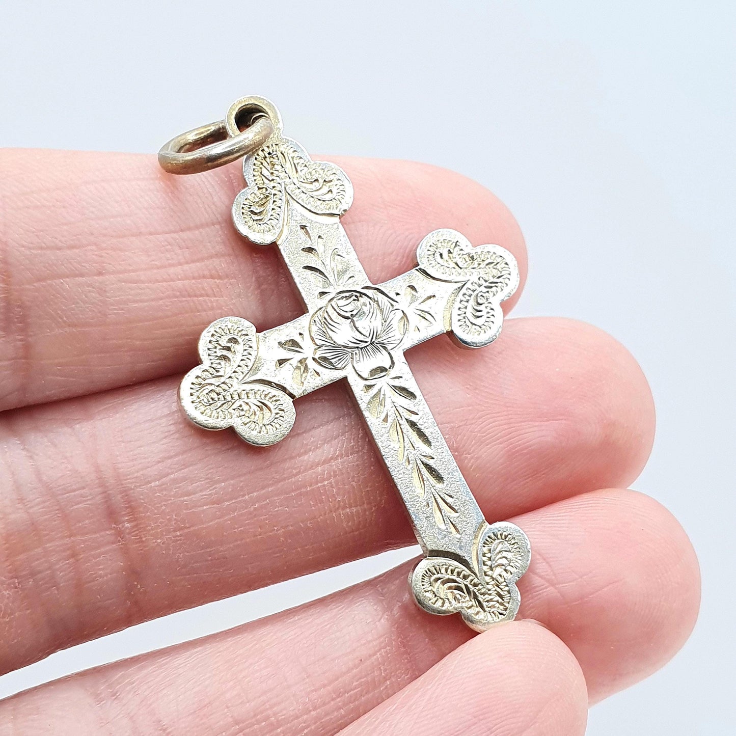 Antique Victorian Sterling Silver Bulbed Cross Crucifix Pendant Gold Vermiel Womens Unisex Jewelry Jewellery Necklace Religious
