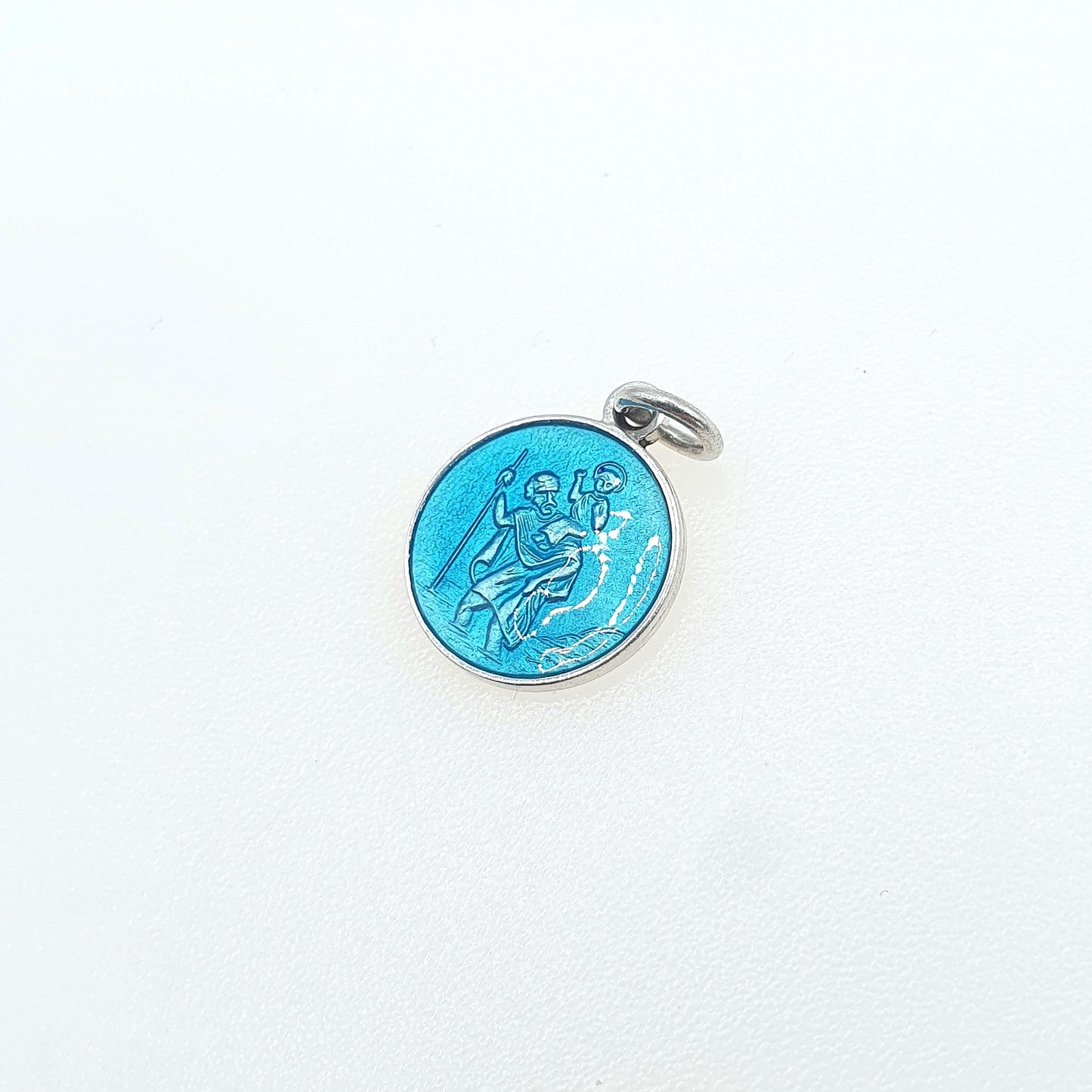 Vintage GEORG JENSEN Sterling Silver Enamel St Christopher Pendant Charm Small Round Sky Blue Womens Mens Jewellery Jewelry