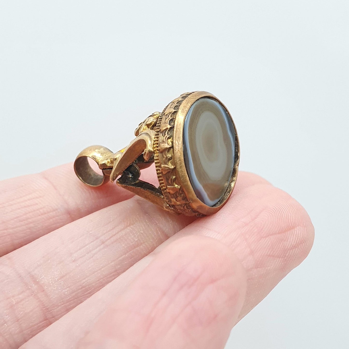 Antique Victorian Agate Fob Pendant Necklace Gold Tone Base Metal Genuine Quartz Gemstone Womens Mens Unisex Jewellery Jewelry