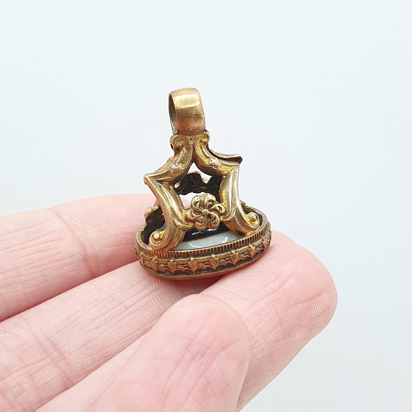 Antique Victorian Agate Fob Pendant Necklace Gold Tone Base Metal Genuine Quartz Gemstone Womens Mens Unisex Jewellery Jewelry