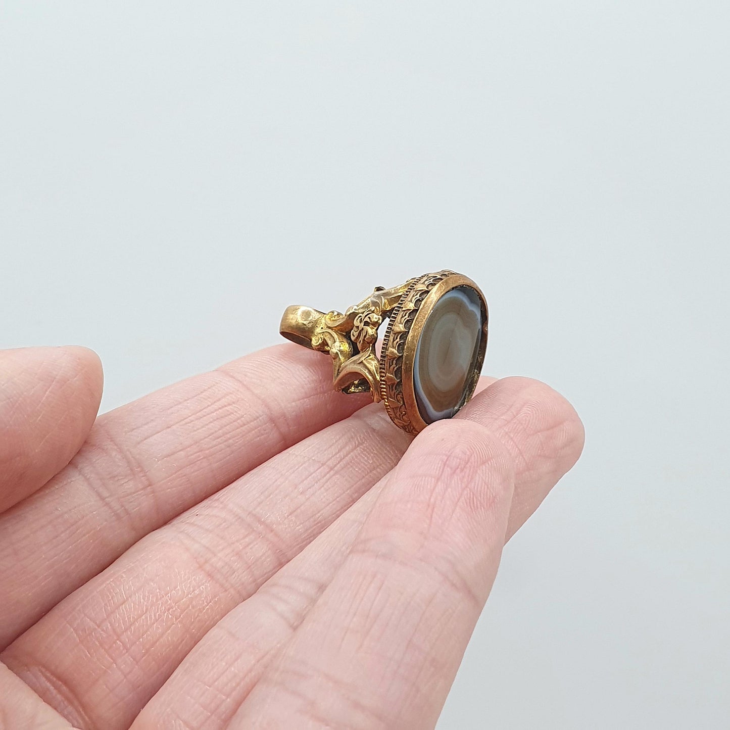 Antique Victorian Agate Fob Pendant Necklace Gold Tone Base Metal Genuine Quartz Gemstone Womens Mens Unisex Jewellery Jewelry