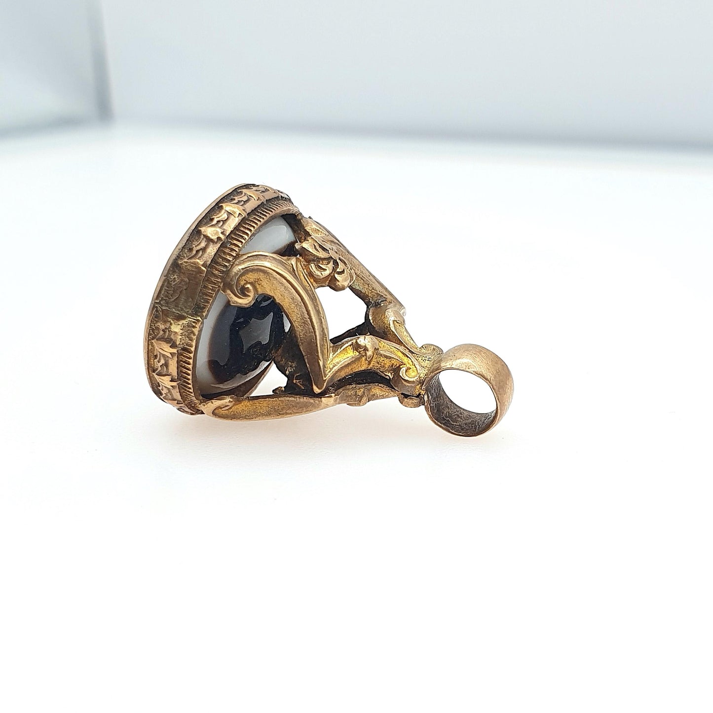Antique Victorian Agate Fob Pendant Necklace Gold Tone Base Metal Genuine Quartz Gemstone Womens Mens Unisex Jewellery Jewelry