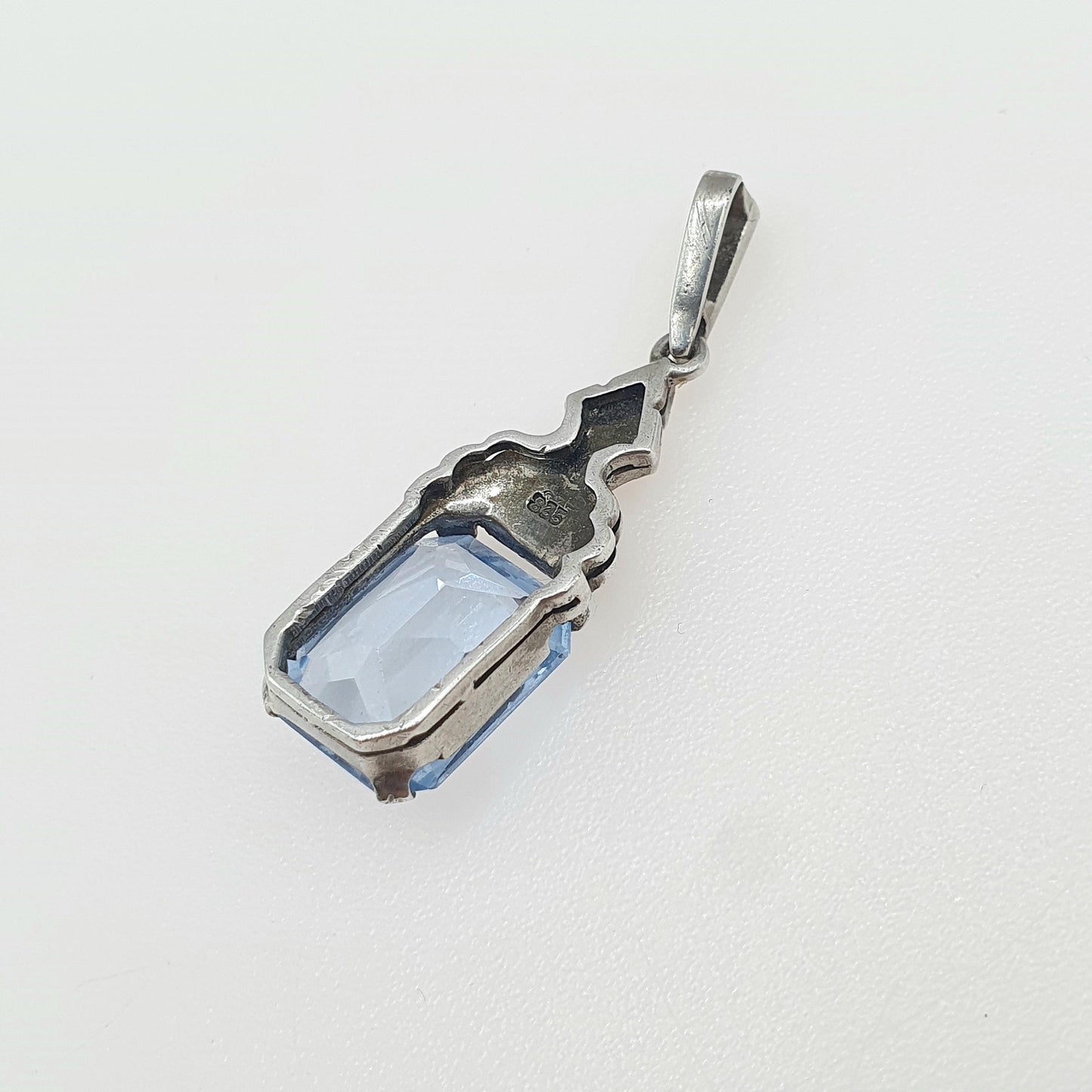 Antique Art Deco Solid Silver Blue Spinel Pendant Rectangular Cut Gemstone Vintage Ladies Womens Jewelry Jewellery