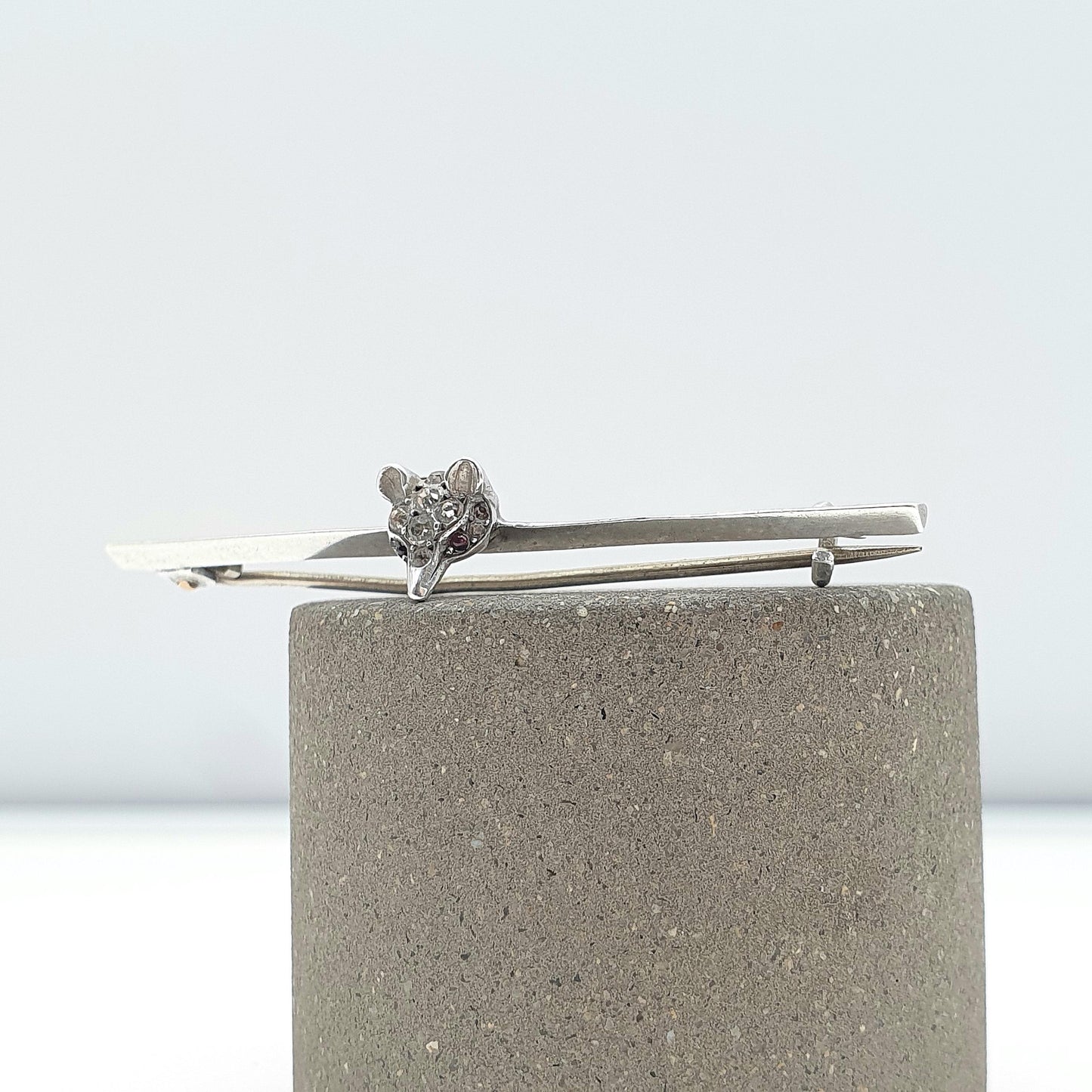 Antique Solid Silver Diamond Paste Fox Bar Brooch Lucky Cunning Cute Vintage Animal Jewelry Jewellery Womens Mens