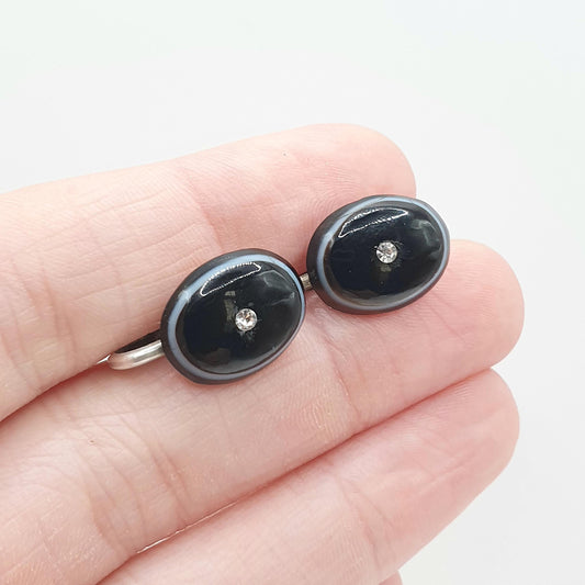 Antique Victorian Solid Silver Diamond Paste Bullseye Agate Earrings Genuine Gemstone Clip On Jewelry Jewellery Unisex Womens