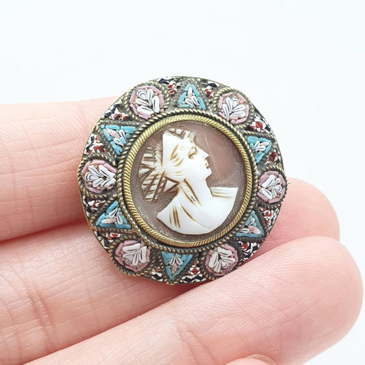 Antique Victorian Gold Tone Cameo Micromosaic Brooch Genuine Shell Italian Vintage Womens Jewellery Jewelry Unisex