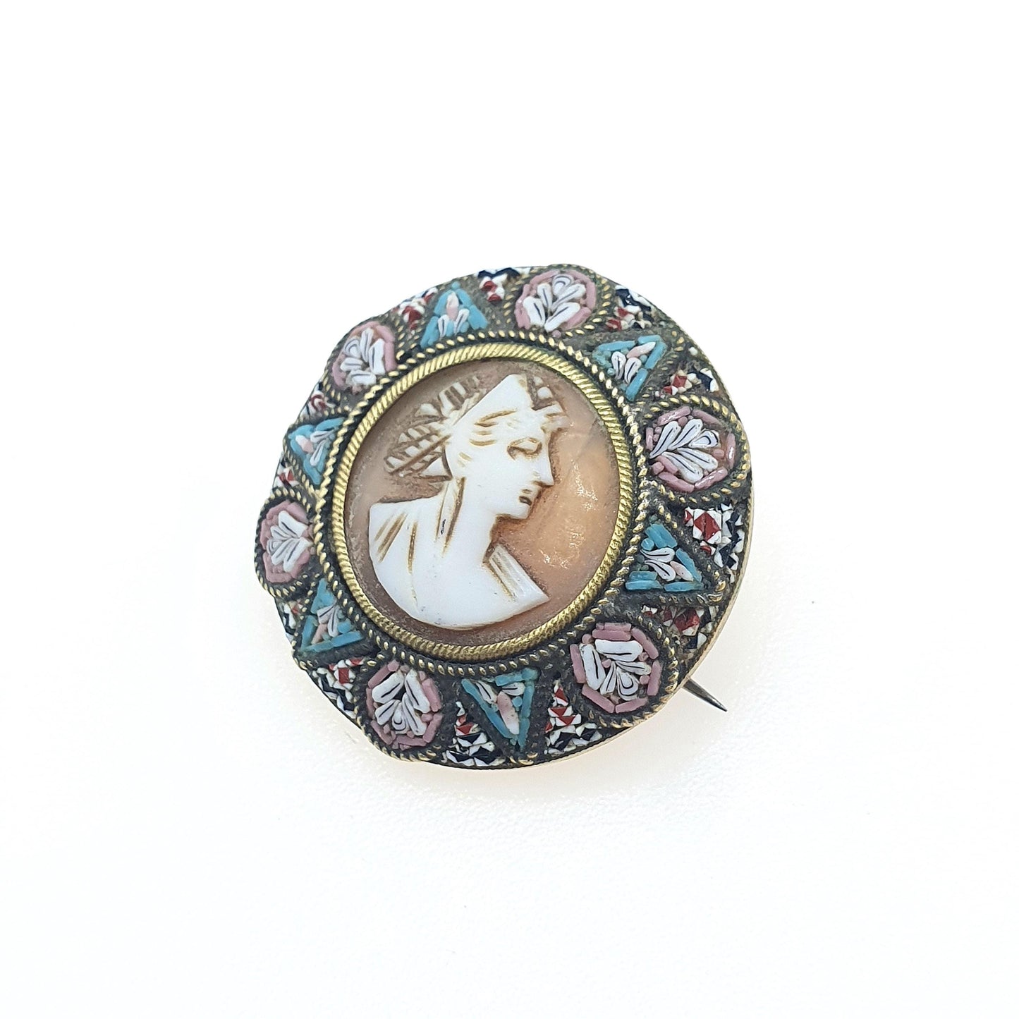 Antique Victorian Gold Tone Cameo Micromosaic Brooch Genuine Shell Italian Vintage Womens Jewellery Jewelry Unisex