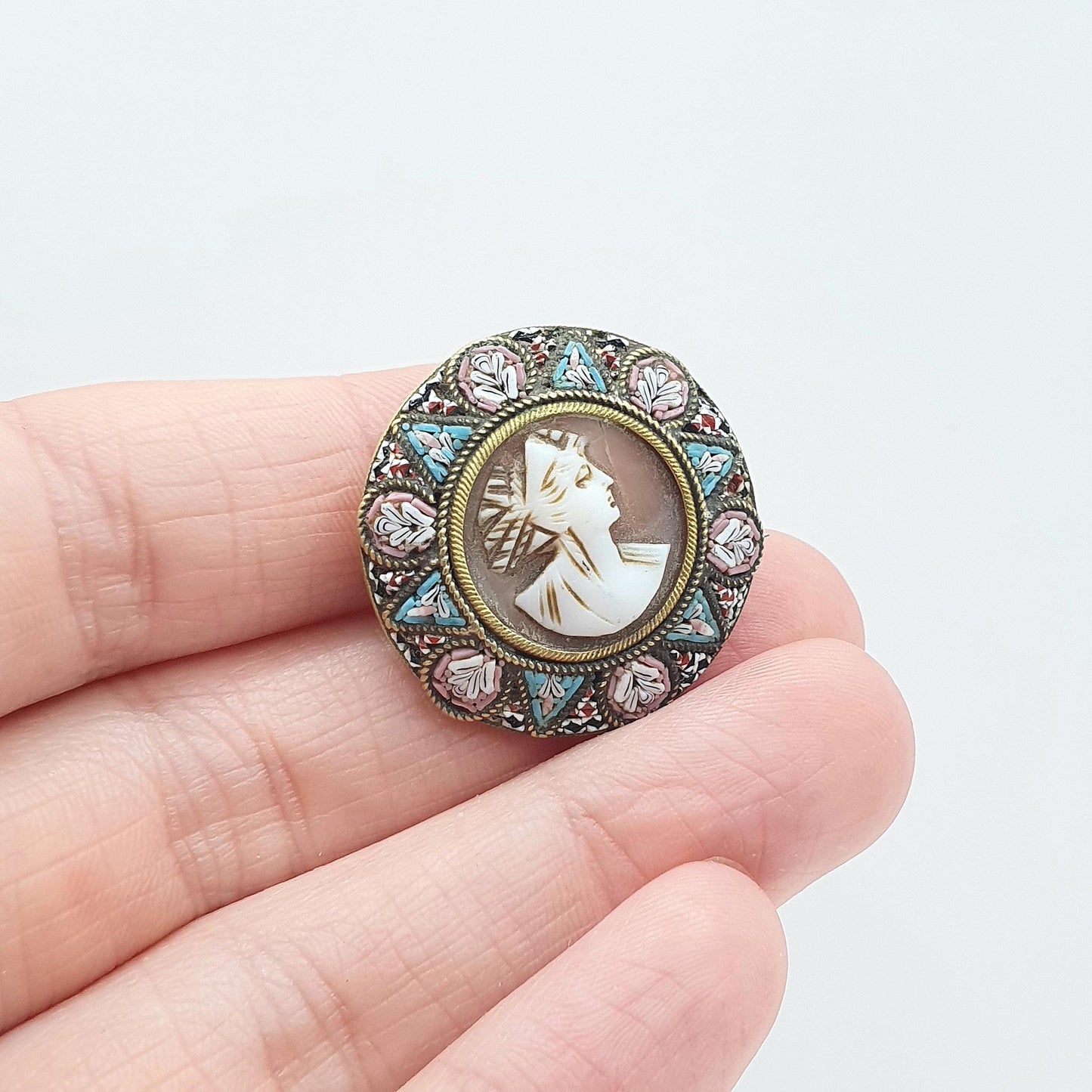 Antique Victorian Gold Tone Cameo Micromosaic Brooch Genuine Shell Italian Vintage Womens Jewellery Jewelry Unisex