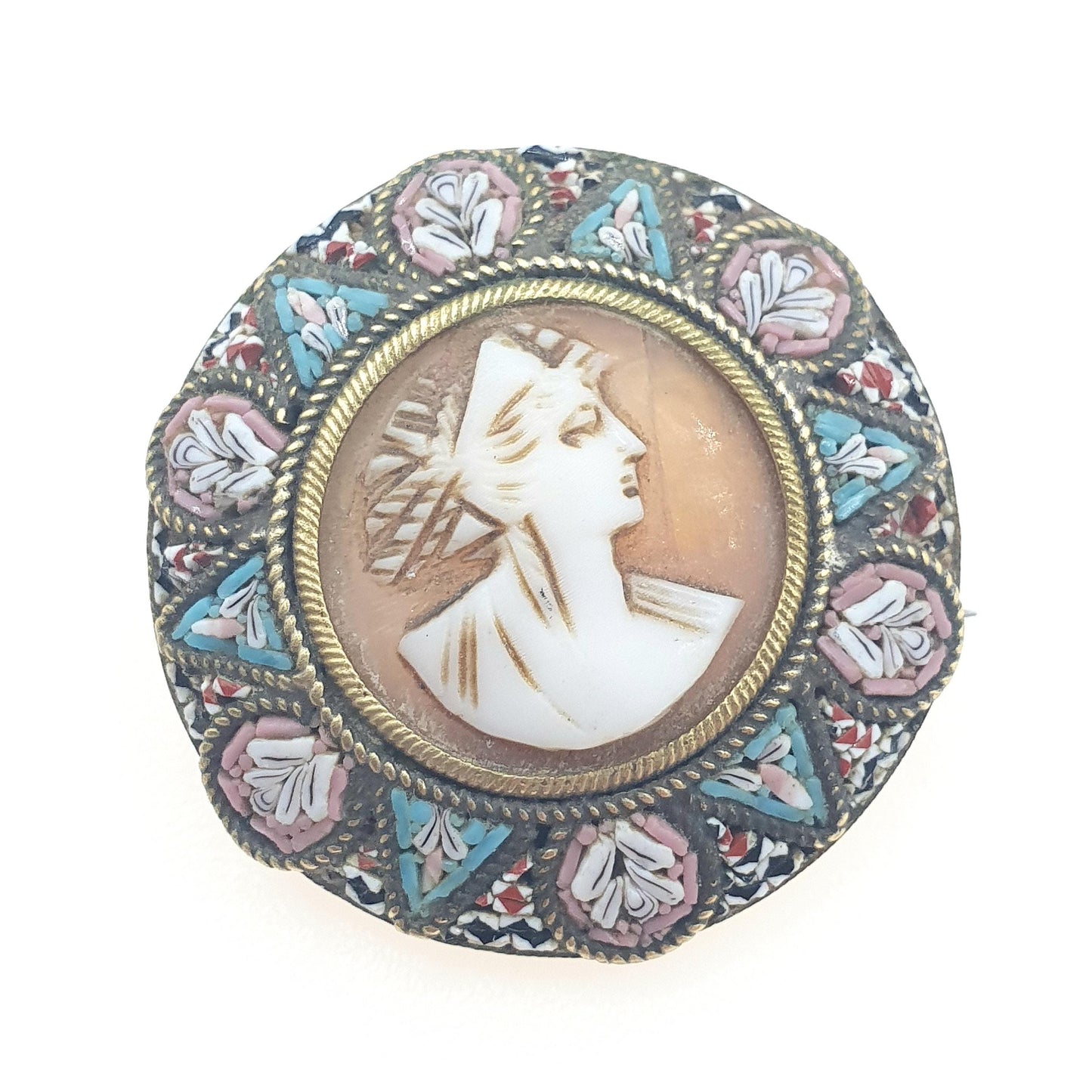 Antique Victorian Gold Tone Cameo Micromosaic Brooch Genuine Shell Italian Vintage Womens Jewellery Jewelry Unisex
