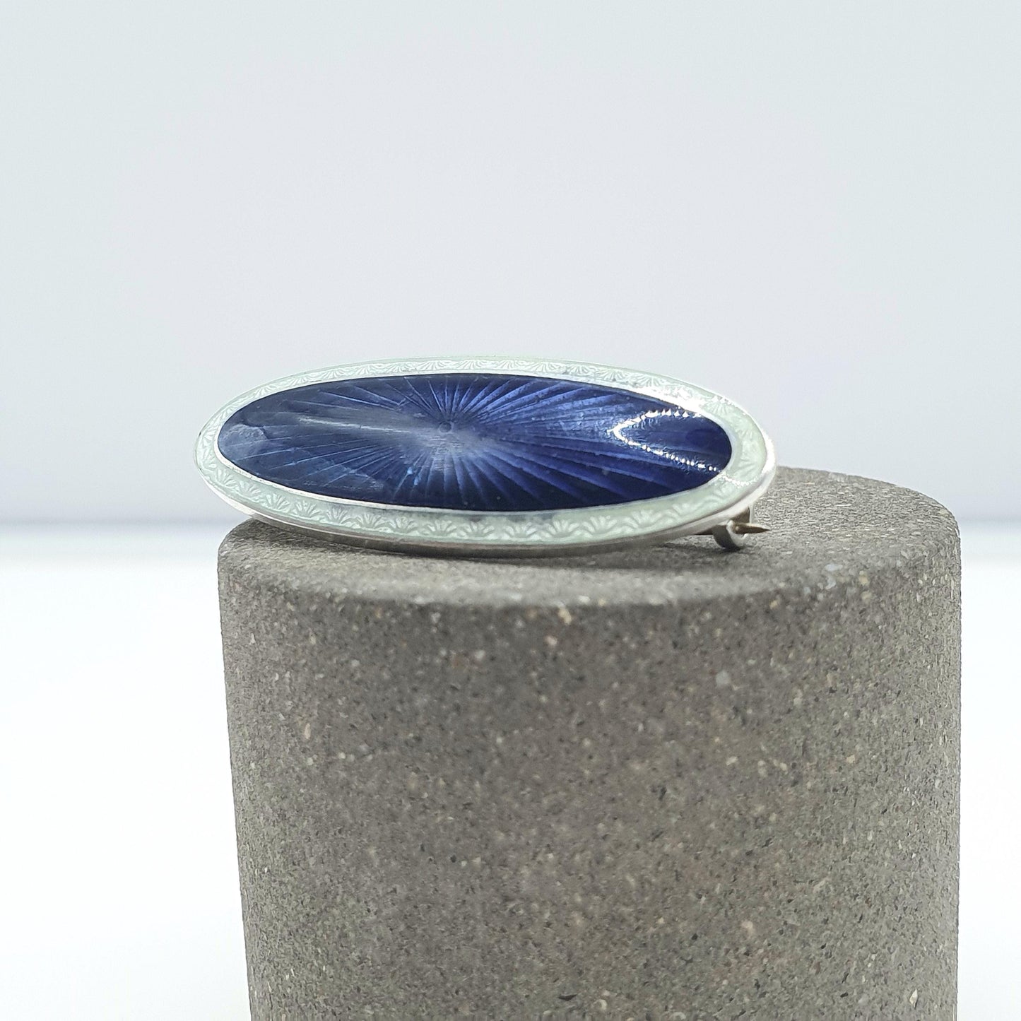 Antique Sterling Silver Guilloche Enamel Brooch White Blue JA&S John Aitkens and Son Vintage Scandinavian Style Jewelry Jewellery