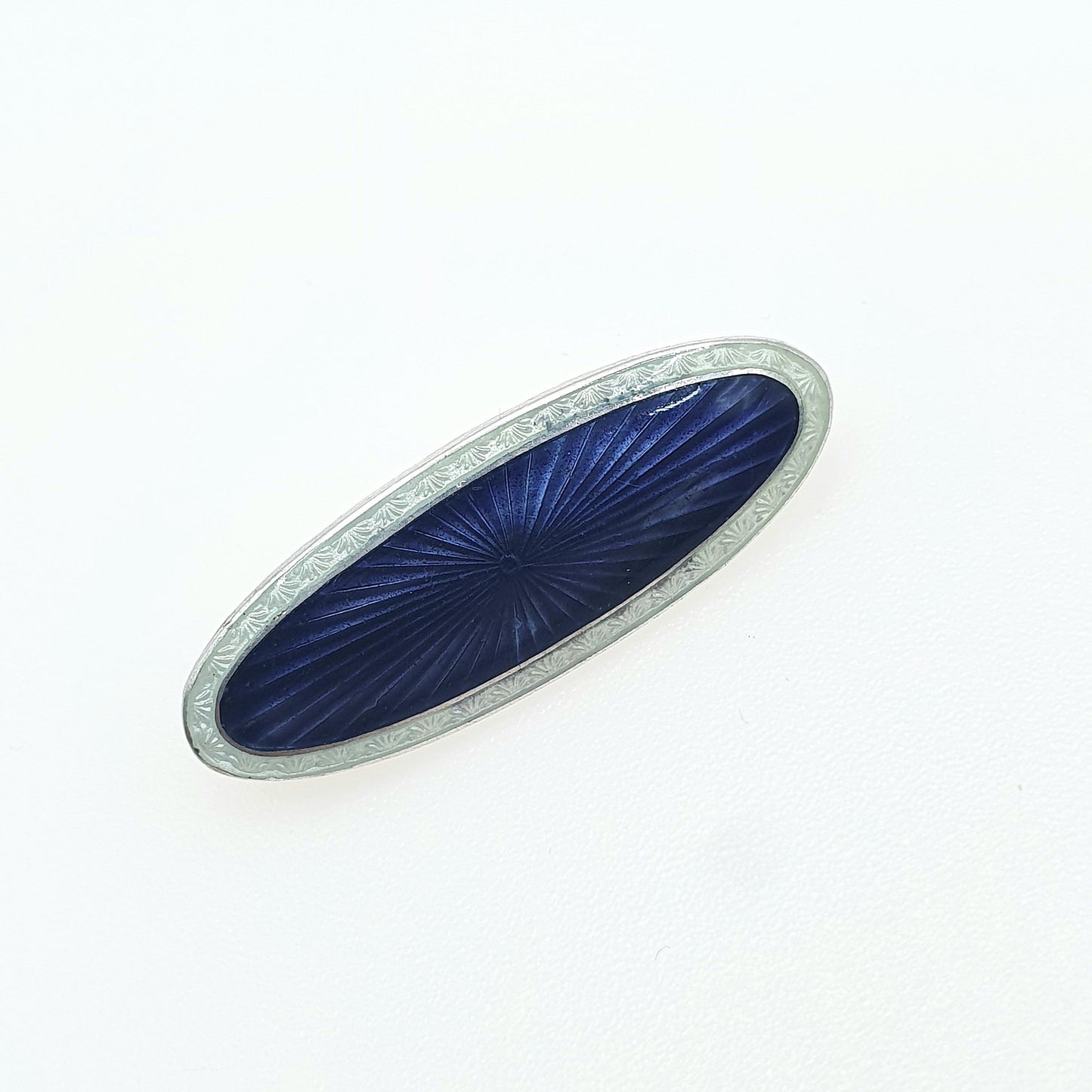 Antique Sterling Silver Guilloche Enamel Brooch White Blue JA&S John Aitkens and Son Vintage Scandinavian Style Jewelry Jewellery