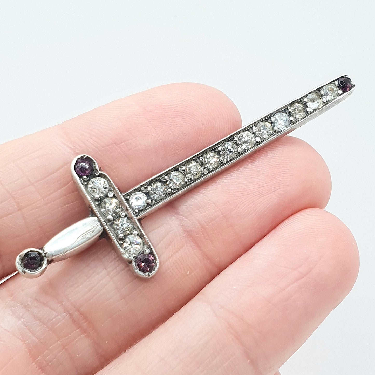 Antique Solid Silver Diamond & Amethyst Paste Sword Brooch Purple Vintage Men Womens Jewelry Jewellery