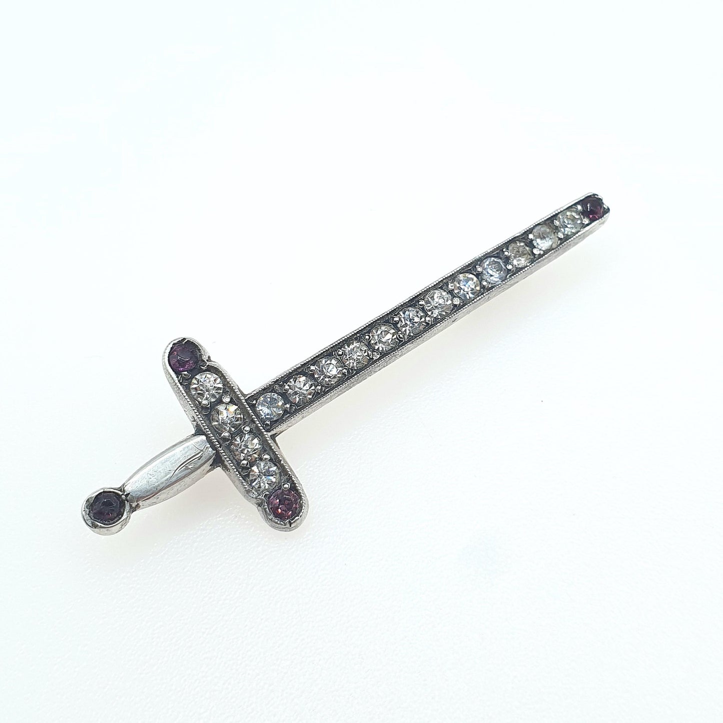Antique Solid Silver Diamond & Amethyst Paste Sword Brooch Purple Vintage Men Womens Jewelry Jewellery