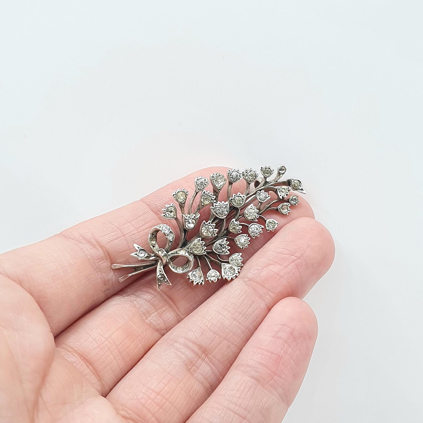 Antique Victorian Solid Silver Diamond Paste Floral Spray Brooch Sparkly Flower Vintage Jewelry Jewellery