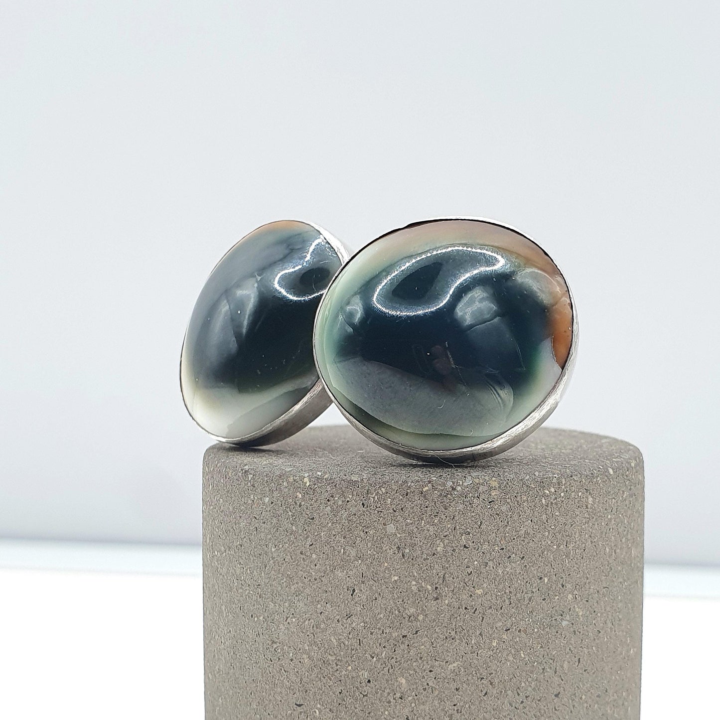 Antique Solid Silver Opeculum Earrings Clip On Sea Snail Shell Large Art Deco Womens Vintage Jewelry Jewellery Unisex