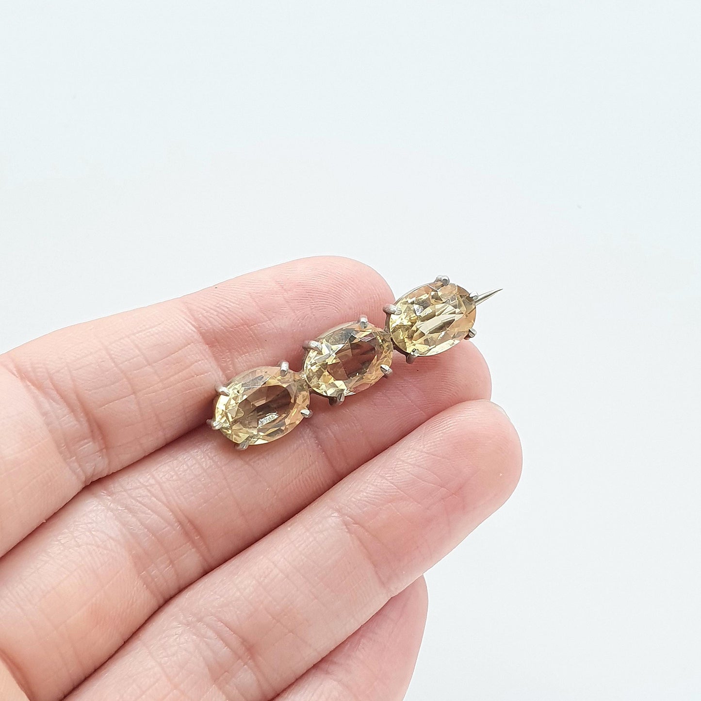 Antique Natural Citrine Brooch Oval Cut Trilogy Genuine Gemstone Base Metal Vintage Womens Jewelry Jewellery
