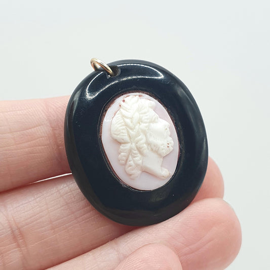 Antique Victorian Whitby Jet Pink Cameo Pendant Hand Carved Vintage Jewelry Jewellery Necklace Womens Unisex