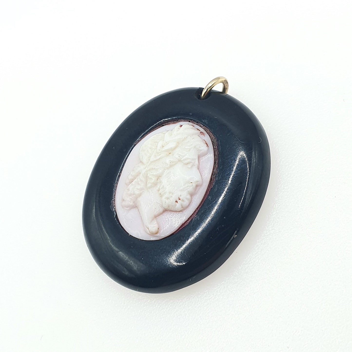 Antique Victorian Whitby Jet Pink Cameo Pendant Hand Carved Vintage Jewelry Jewellery Necklace Womens Unisex