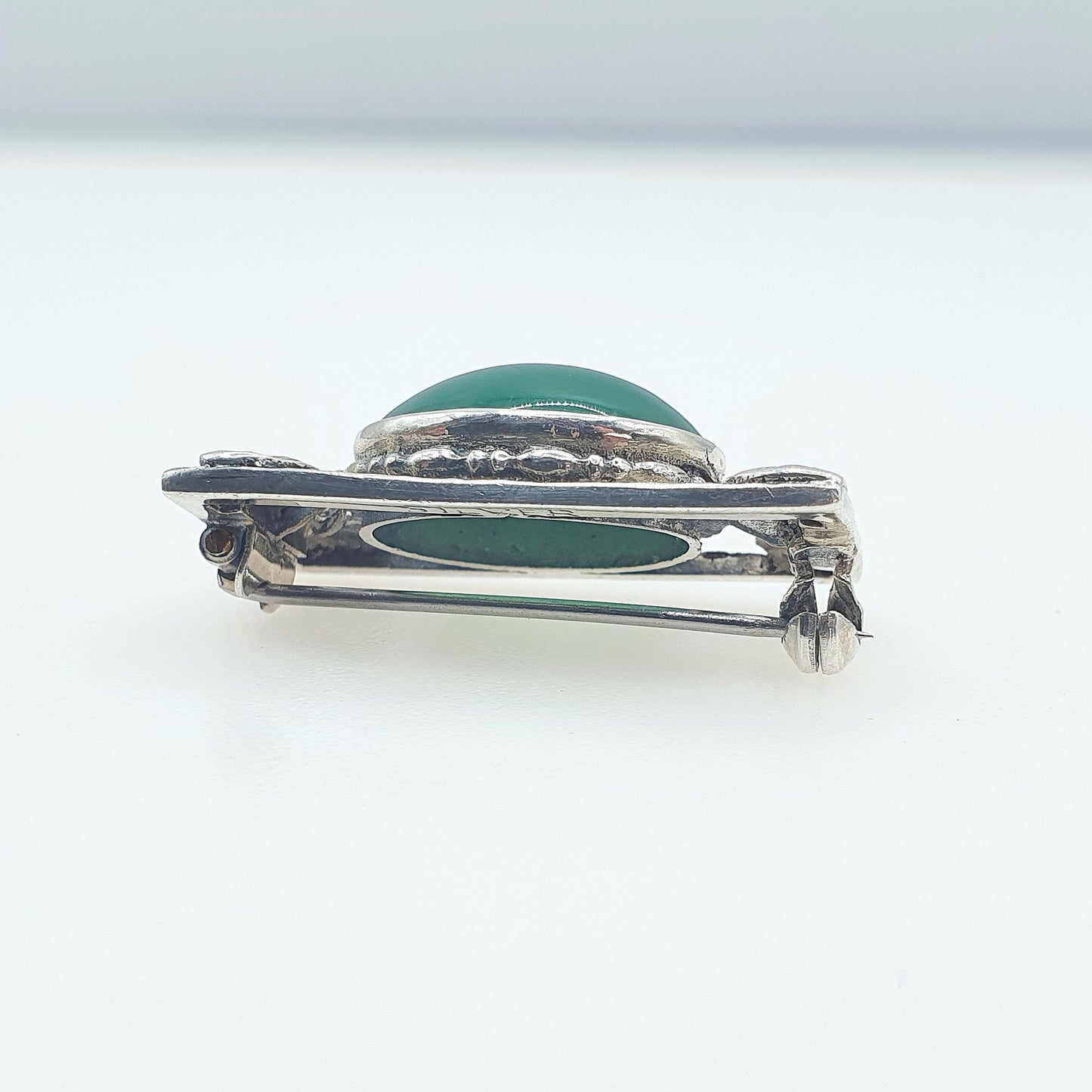 Antique Solid Silver Chrysoprase Brooch Bernard Instone Style Art Nouveau Genuine Green Gemstone Vintage