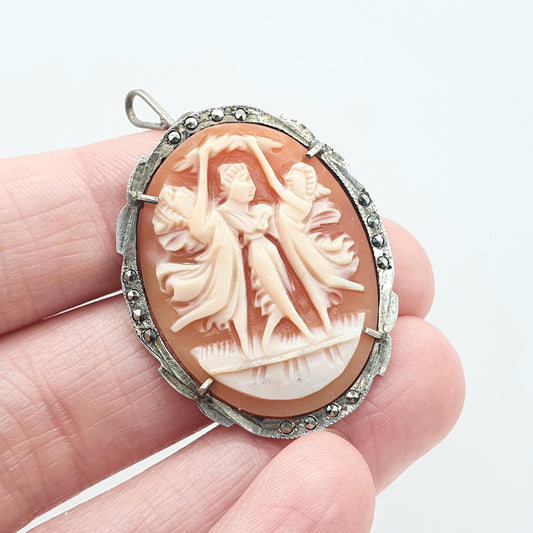 Antique Solid Silver Three Graces Cameo Brooch Marcasite Goddess Mythology Pendant Necklace Vintage Jewelry Jewellery