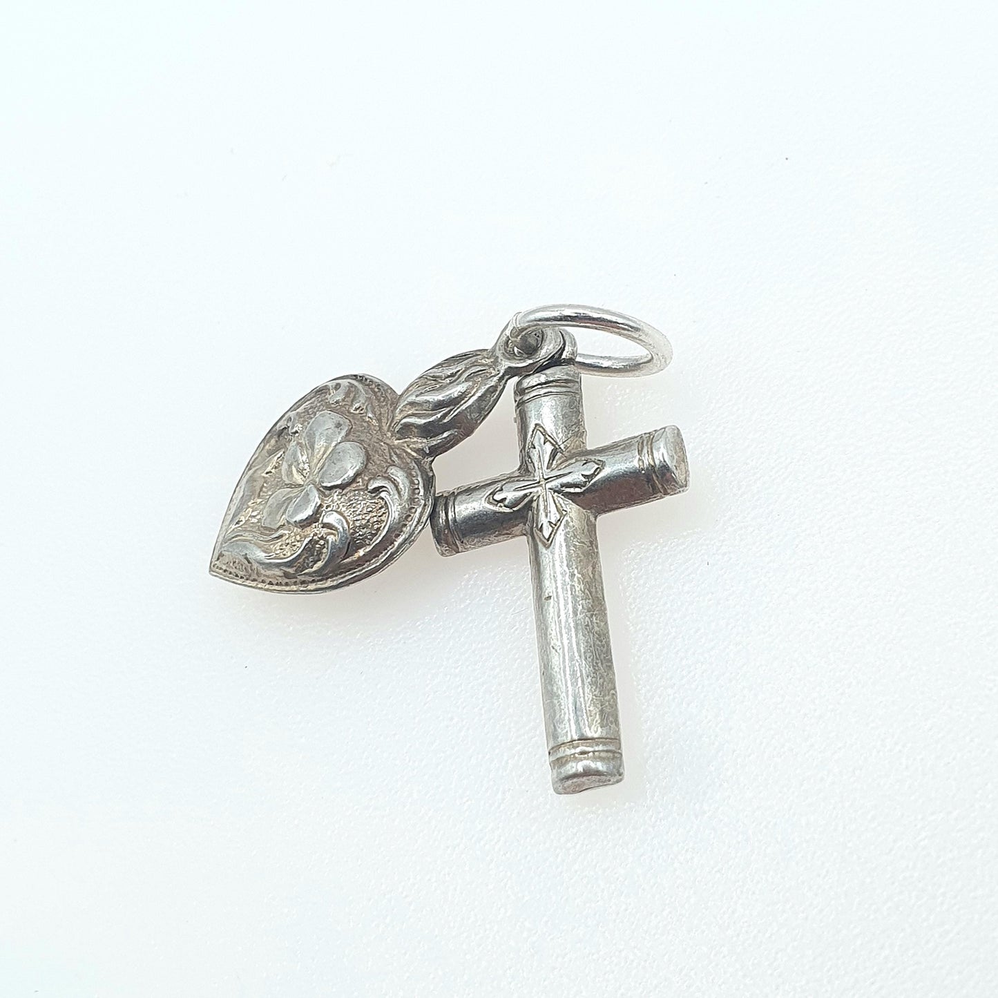 Antique Victorian Solid Silver Cross and Heart Charm Pendant Necklace Crucifix Religious Jewelry Vintage Jewellery