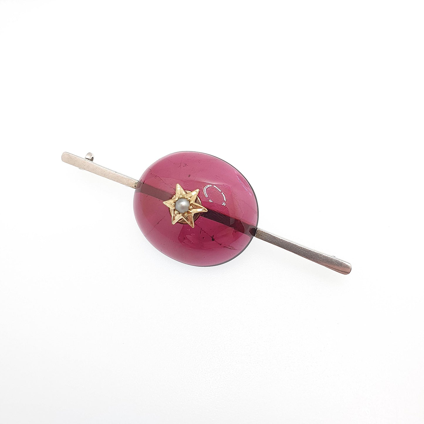 Antique Victorian Solid Silver Domed Garnet Brooch 9ct Gold Star Seed Pearl Genuine Gemstone Vintage Jewelry Jewellery