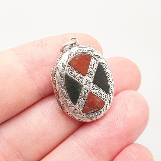 Antique Victorian Solid Silver Scottish Agate Locket Bloodstone & Jasper Genuine Gemstone Pendant Necklace Vintage