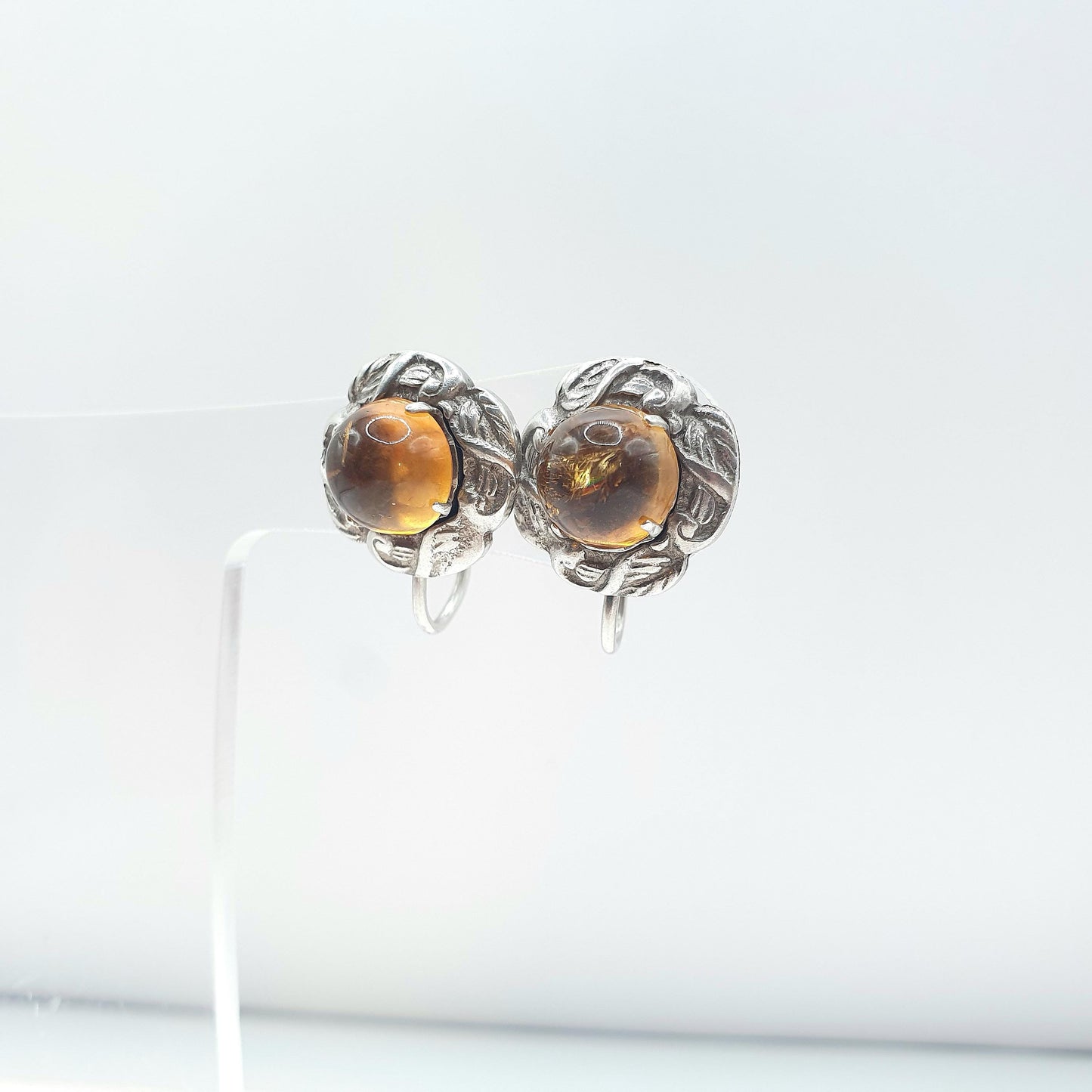 Antique Natural Citrine Solid Silver Earrings Arts and Crafts Leaf Border Cabochon Gemstone Vintage Jewellery Jewelry