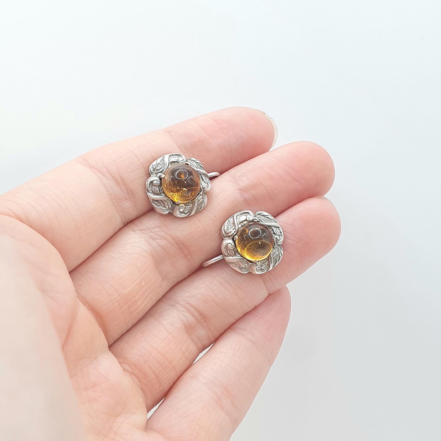 Antique Natural Citrine Solid Silver Earrings Arts and Crafts Leaf Border Cabochon Gemstone Vintage Jewellery Jewelry