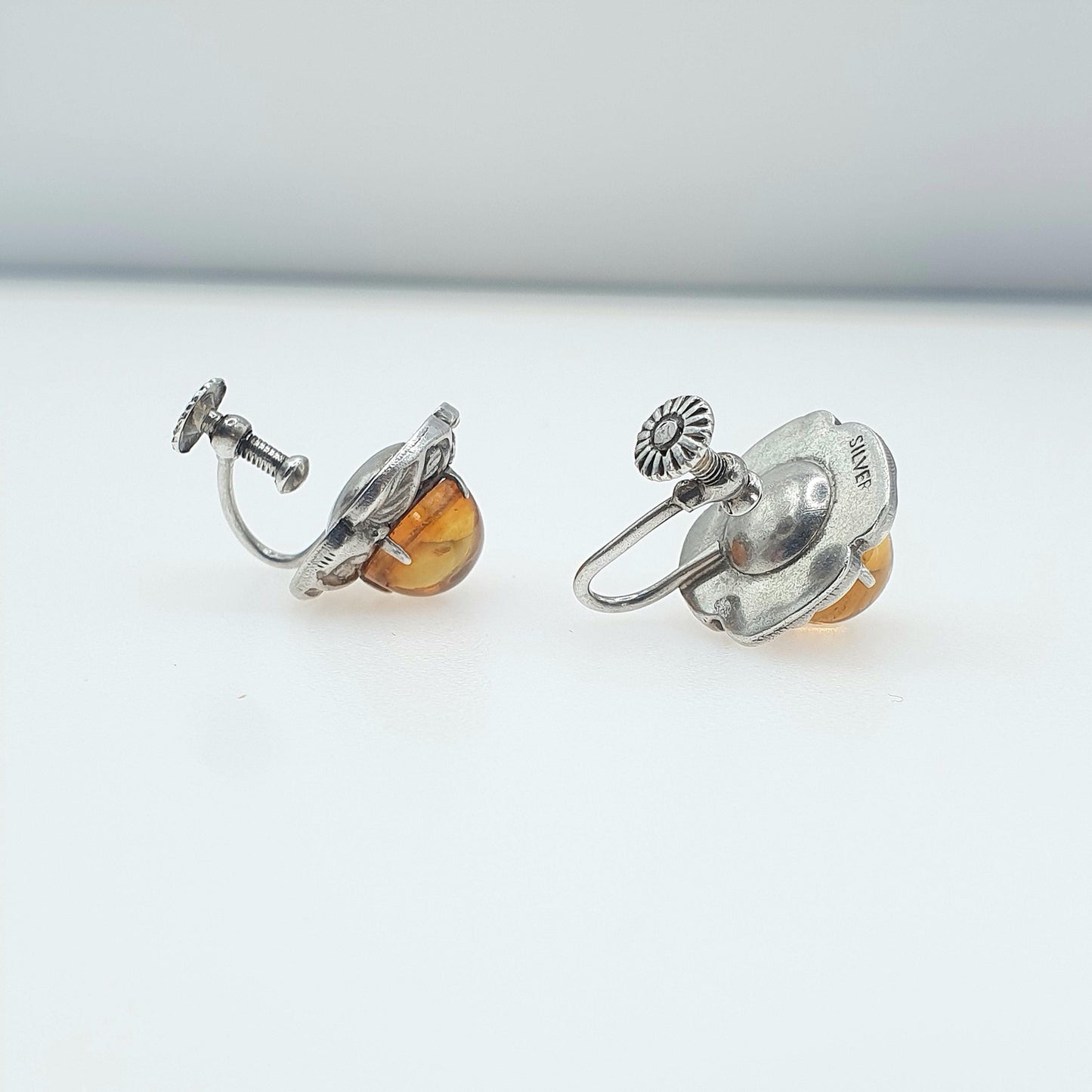 Antique Natural Citrine Solid Silver Earrings Arts and Crafts Leaf Border Cabochon Gemstone Vintage Jewellery Jewelry
