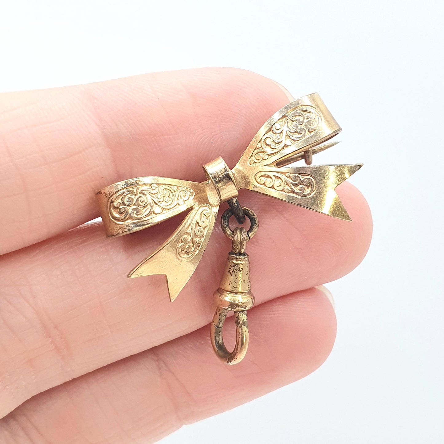 Antique Victorian Rolled Gold Bow Brooch Nurse Fob With Dog Clip Gold Filled Vintage Womens Ladies Jewelry Jewellery