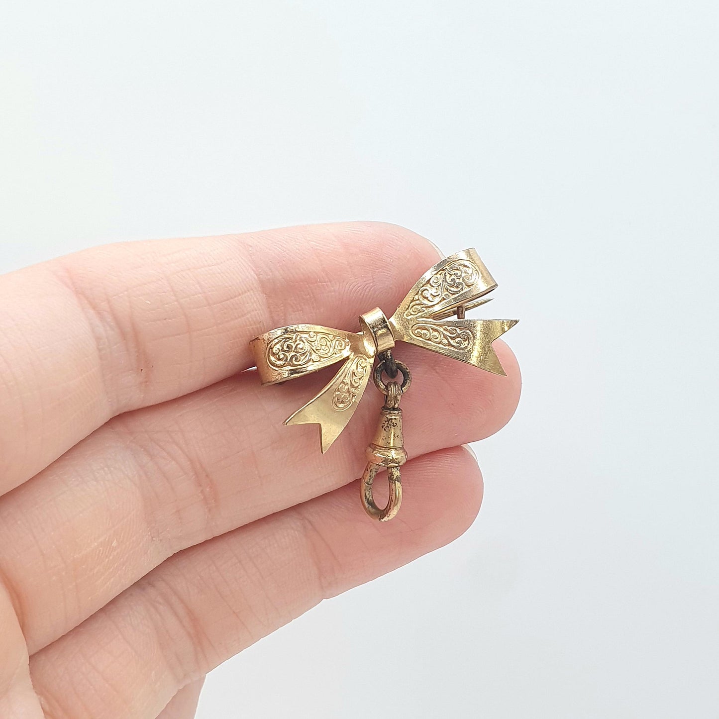 Antique Victorian Rolled Gold Bow Brooch Nurse Fob With Dog Clip Gold Filled Vintage Womens Ladies Jewelry Jewellery