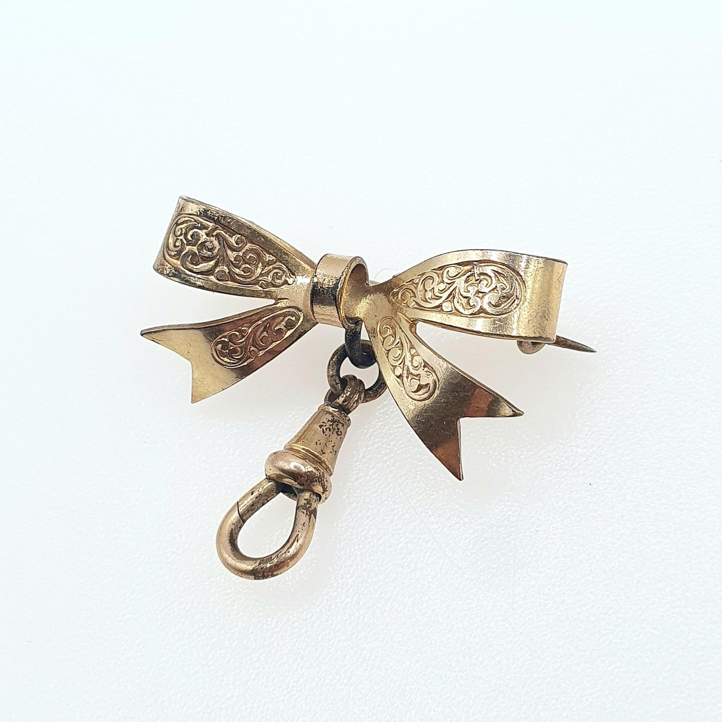 Antique Victorian Rolled Gold Bow Brooch Nurse Fob With Dog Clip Gold Filled Vintage Womens Ladies Jewelry Jewellery